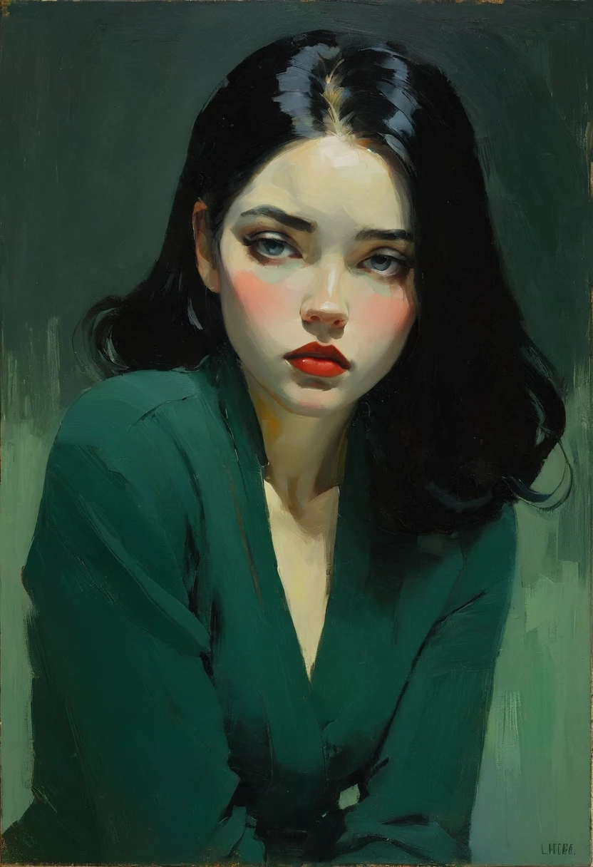 创作一幅受 Malcolm Liepke 启发的令人回味的油画, 根据提供的图像. 捕捉强烈, 用浓重的, 富有表现力的笔触和柔和的色调. 突出拍摄对象目光中的情感深度和脆弱性, 强调脸上光影的变化. 保持简单, 纹理背景与主体的沉思相得益彰. 注重油画的触感，传达利普克风格的原始情感和亲密感.
