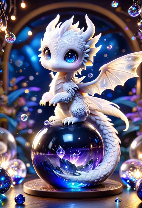 absurdres, highres, ultra detailed, HDR, master piece, best quality, ( trapped inside a crystal ball) small white dragon, expres...