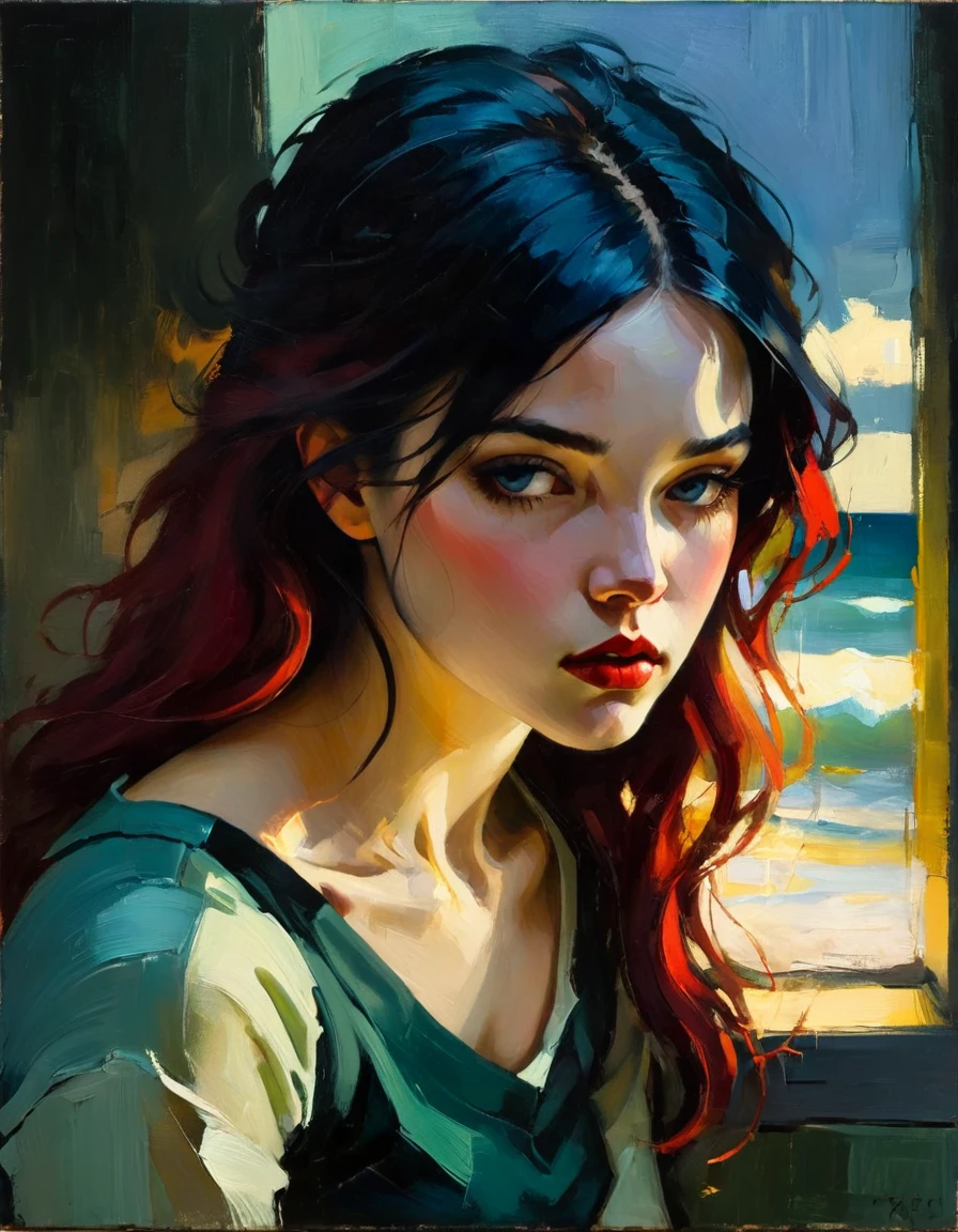 Crea una pintura al óleo evocadora inspirada en Malcolm Liepke, basado en la imagen proporcionada. Captura lo intenso, expresión introspectiva del joven sujeto usando gruesas, pinceladas expresivas y una paleta de colores apagados. Resaltar la profundidad emocional y la vulnerabilidad en la mirada del sujeto., enfatizando el juego de luces y sombras en su rostro. mantener una sencilla, Fondo texturizado que complementa la presencia contemplativa del sujeto.. Centrarse en la calidad táctil de la pintura al óleo para transmitir la emoción cruda y la intimidad características del estilo de Liepke..