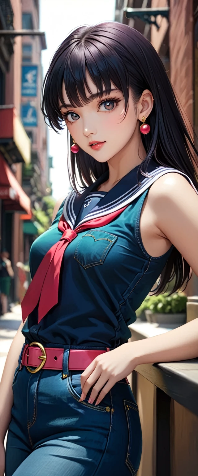 (best quality, masterpiece:1.2), 1girl, beautiful face, beautiful body, Sailor Pluto, earrings, denim, belt, vibrant colors, realistic lighting, detailed shading, professional portrait, dynamic pose, urban background