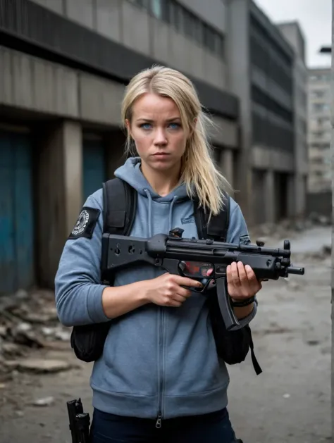 danish police 24 years old woman in post apocalyptic city, holding mp5, aiming with mp5, hkmp5 by brandon anschultz, ready to fi...