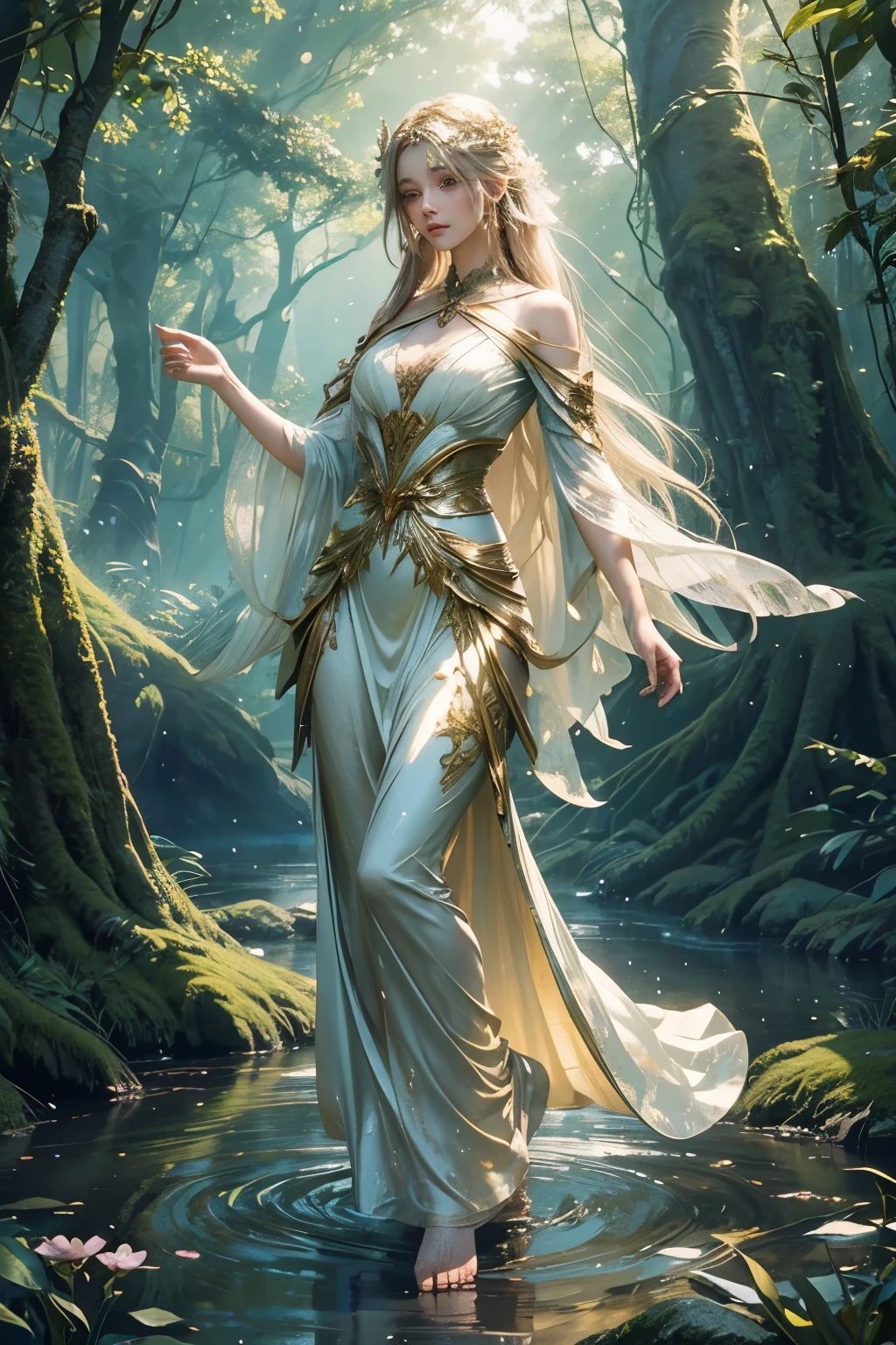 A Girl of Eternally Enchanting Beauty,
with a face so perfect it seems sculpted by the hands of gods,
her long, flowing hair cascading like golden silk,
clad in an ethereal gown of pure elegance,
she stands resplendent in a mystical forest glade at dusk,
surrounded by the delicate dance of fireflies,
a gentle, glistening stream winding its way lazily at her feet,
ethereal light filtering through the ancient trees,
painting the scene in a symphony of soft whispers,
delicate, dew-kissed flowers adorn the forest floor,
and