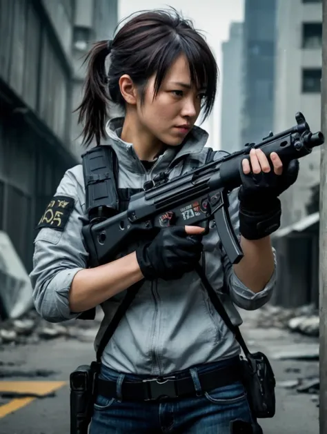 please fix image, remove, police woman in post apocalyptic city, holding mp5, aiming mp5, hkmp5
by brandon anschultz, shinkawa y...