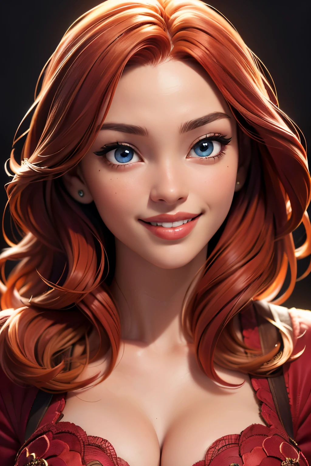 (sexy happy coy smile, red haired young woman,perfect body,posing,model, cleavage,stage,luxury hall),(oil painting),(detailed face,beautiful eyes,detailed lips),(best quality,highres:1.2),(realistic),(portrait),(vibrant colors),(soft lighting) 2, happy