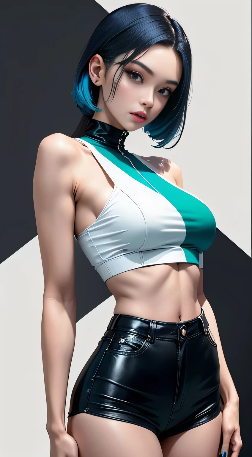 sfw, Generate an image featuring a woman with striking teal-colored hair, dressed in a stylish ensemble consisting of a white cropped top and sleek black shorts. Place her against a modern 2D background with a contemporary design, emphasizing the chic contrast between her colorful hair and the monochromatic outfit. Utilize dynamic shapes or patterns in the background to enhance the overall visual appeal of this modern and fashionable representation while maintaining the sleek and stylish atmosphere、 wearing bra,((skinny waist)), young asian girl, ((big breasted)),