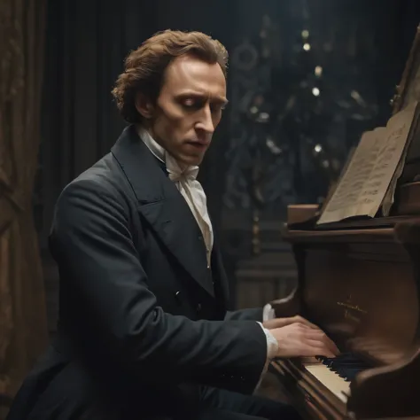 man frédéric chopin, arafiado de terno tocando piano em um quarto escuro, tom hiddleston as count dracula, kramskoy 4k, composit...