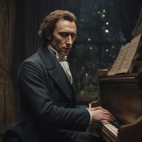 man frédéric chopin, arafiado de terno tocando piano em um quarto escuro, tom hiddleston as count dracula, kramskoy 4k, composit...