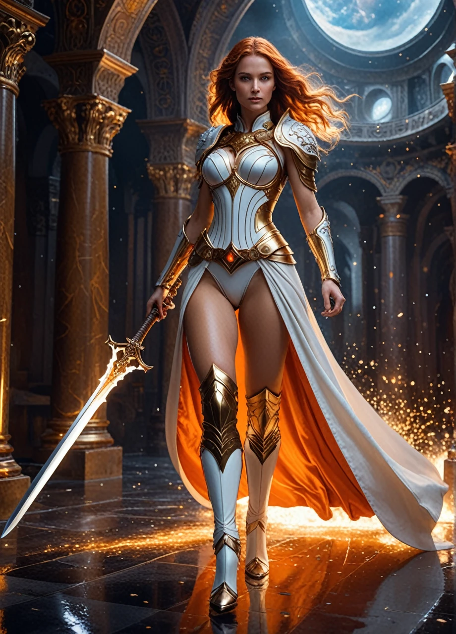 (((full body photo))) HKStyle,Envision a striking woman in battle-worn, (realistic skin:1.5), (beautiful face:1.4), white armor, her presence exuding both strength and grace within a minimalist, pure white sanctum. ((Full body photo,standing, feet on the ground)) Her armor, though predominantly pristine, is artfully adorned with a cascade of celestial motifs and intricate filigree that shimmer with a subtle iridescence. In her hand, a formidable sword with an ornate hilt and a blade that reflects a kaleidoscope of ethereal colors, as if forged from the very essence of light. The wall behind her comes alive with an explosion of vibrant, cosmic paint splatters, reminiscent of a supernova, with hues of deep purples, fiery oranges, and celestial blues that create a stark contrast against the white room and armor. The vivid paint seems to be in motion, ((Full body photo,standing, feet on the ground)) with droplets suspended in the air, capturing the aftermath of a mythical battle. Her stance is one of defiant beauty, eyes that tell tales of ancient wars, her hair a flowing tapestry of gold that catches the light of the surrounding chaos. The scene is imbued with an otherworldly glow, adding a sense of surreal drama to the composition, making it not just a picture, but a story of the cosmos itself woven into the very fabric of her being