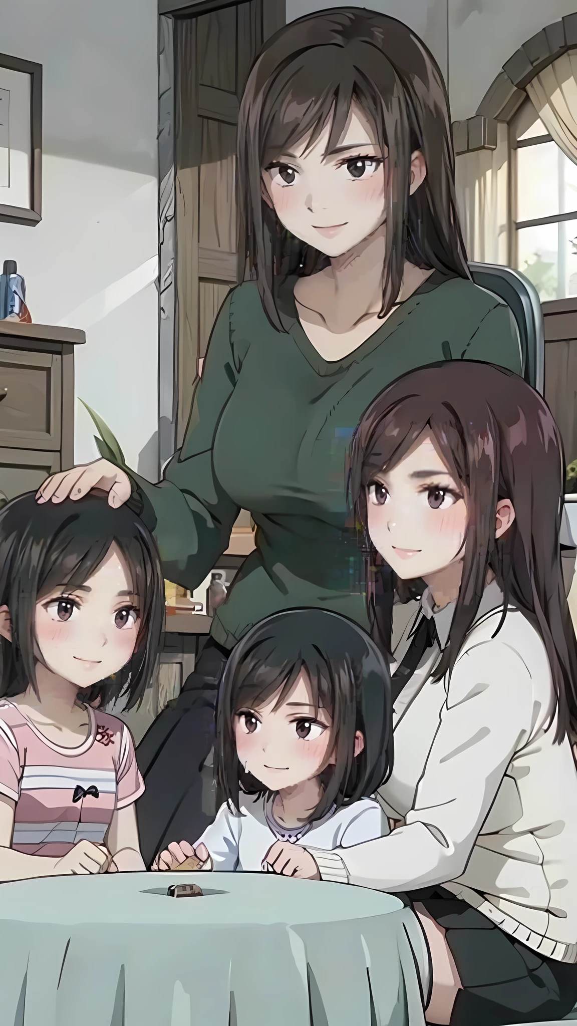 Anime image of a woman and three children sitting at a table - SeaArt AI