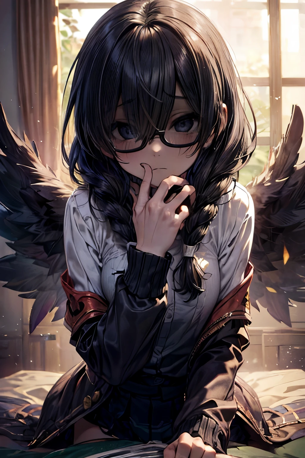 masterpiece, superfine illustration, best quality, 1girl, 1boy, pov, (handjob:1.5), chifuyuperson, (solo), (hair over eyes:1.3), glasses, (wings), angelic halo, cruel, serious, expressionless, emotionless, (very tired)