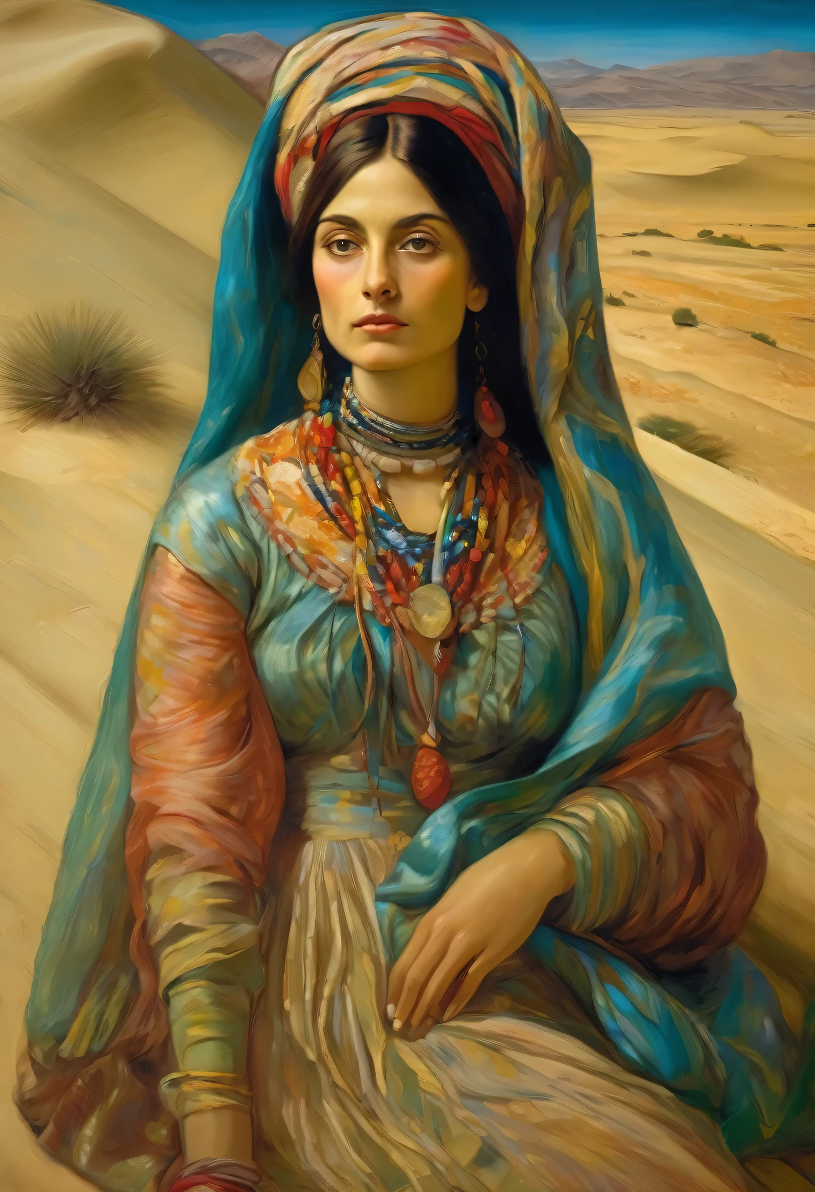 oil painting, style leonardo da vinci, van gogh, monet, chirico, linda Mulher Alafi em traje tradicional segurando um pequeno tambor no deserto, rosto bonito , detalhado, beautiful and big eyes with big eyelashes, a young woman in shamanic costume, uma garota segurando uma esfera terrestre, the setting of the movie Silk Road, bela juventude, foto de retrato, antiga princesa Lieb, the disappearing line of the desert is below the woman&#39;s waist, the sky is clear and transparent.