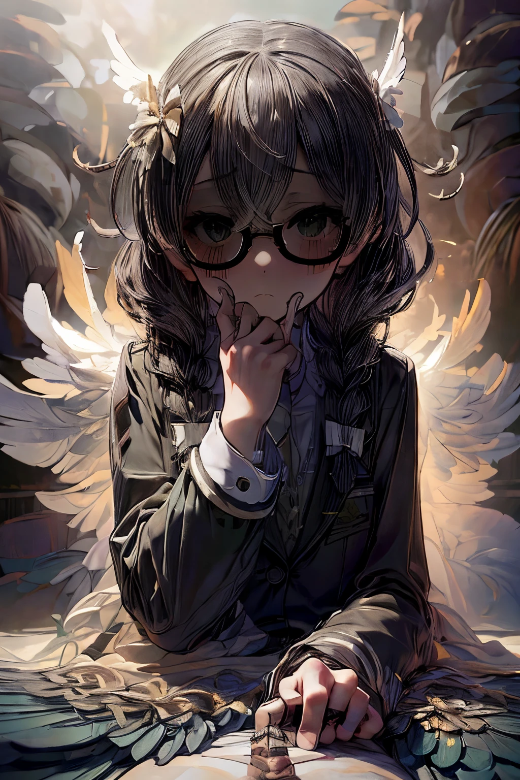 masterpiece, superfine illustration, best quality, 1girl, (1boy:1.3), (pov), (cfnm:1.2), (femdom:1.2), (girl on top), (penis), (handjob:1.5), chifuyuperson,  (hair over eyes:1.3), glasses, (wings), angelic halo, cruel, serious, expressionless, emotionless, (very tired)