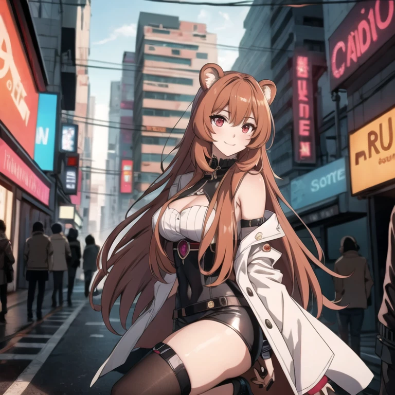 Raphtalia atractiva mujer. orejas de oso, cabello rubio naranja, red eyes like rubies, sonrisa boca abierta, rubor, pechos grandes, escote .ropa corta estilo cyberpunk,  neon buildings background .