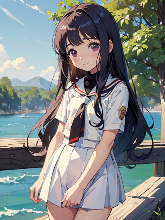 (((masterpiece))) ( Background : outdoor theme : bright : crowded cuty ) ( character : Tomoyo : long smooth hair : fit body : lolicon : small breast : innocent smile : wearing  )