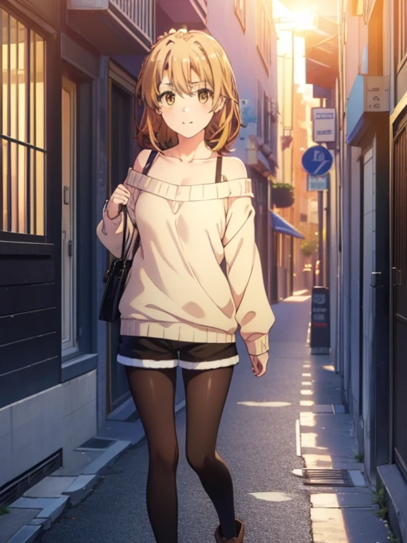 irohaisshiki, iroha isshiki, long hair, brown hair, (brown eyes:1.5), smile,blush,short braided hair,ponytail,off shoulder sweater,bare shoulders,naked neck,bare clavicle, oversized sweater, oversized sweater,  shorts,black pantyhose,short boots,Morning Day,morning,the sun is rising,walking,,
break outdoors, building street,In town,
break looking at viewer,
break (masterpiece:1.2), highest quality, High resolution, unity 8k wallpaper, (figure:0.8), (detailed and beautiful eyes:1.6), highly detailed face, perfect lighting, Very detailed CG, (perfect hands, perfect anatomy),