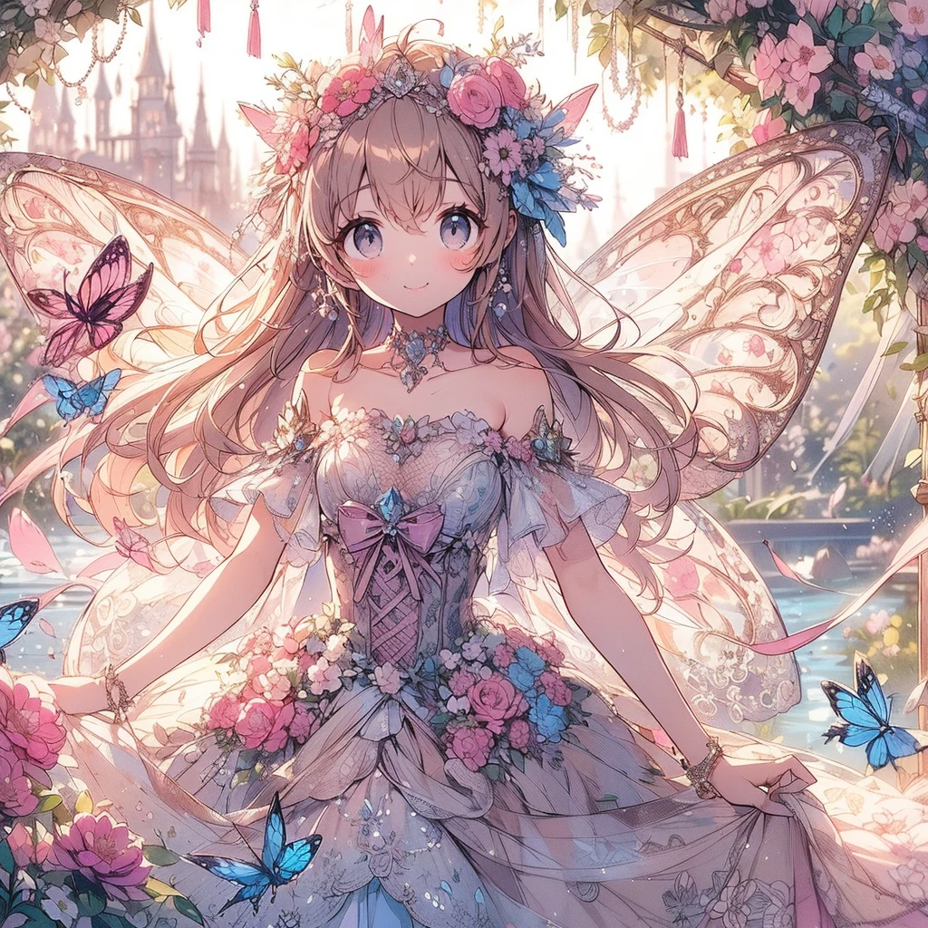 (Exquisite, beautiful, Very detailed, masterpiece, High resolution,high quality,High resolution),(Well-formed face,Soft and thin lines: 1.2, beautiful, Delicate and vivid illustrations with a mature and clear feel), A fairy princess with butterfly-like wings is walking with a smile in a gorgeous garden filled with flowers.,whole body,Princess's Castle,flower,flower petals,(Transparent fairy wings grow from your back), (Dazzling Smile), (tiara, Earrings, choker), Ball Gown Dress,Ribbons, lace and frills, (Pale pink blush, Plump pink lips,Large Bust,Fair skin, Good style),Bright colors,Eye-catching colors,Dynamic Angles