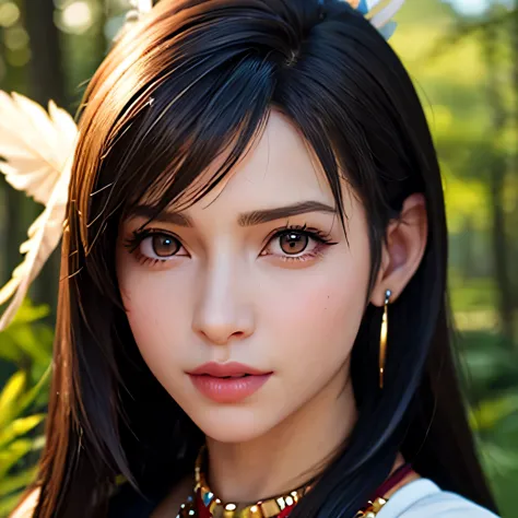 Exact Tifa Lockhart face, exactly looking like Tifa Lockhart, Realistic face of Tifa Lockhart in native outfits, (dressed in Nat...