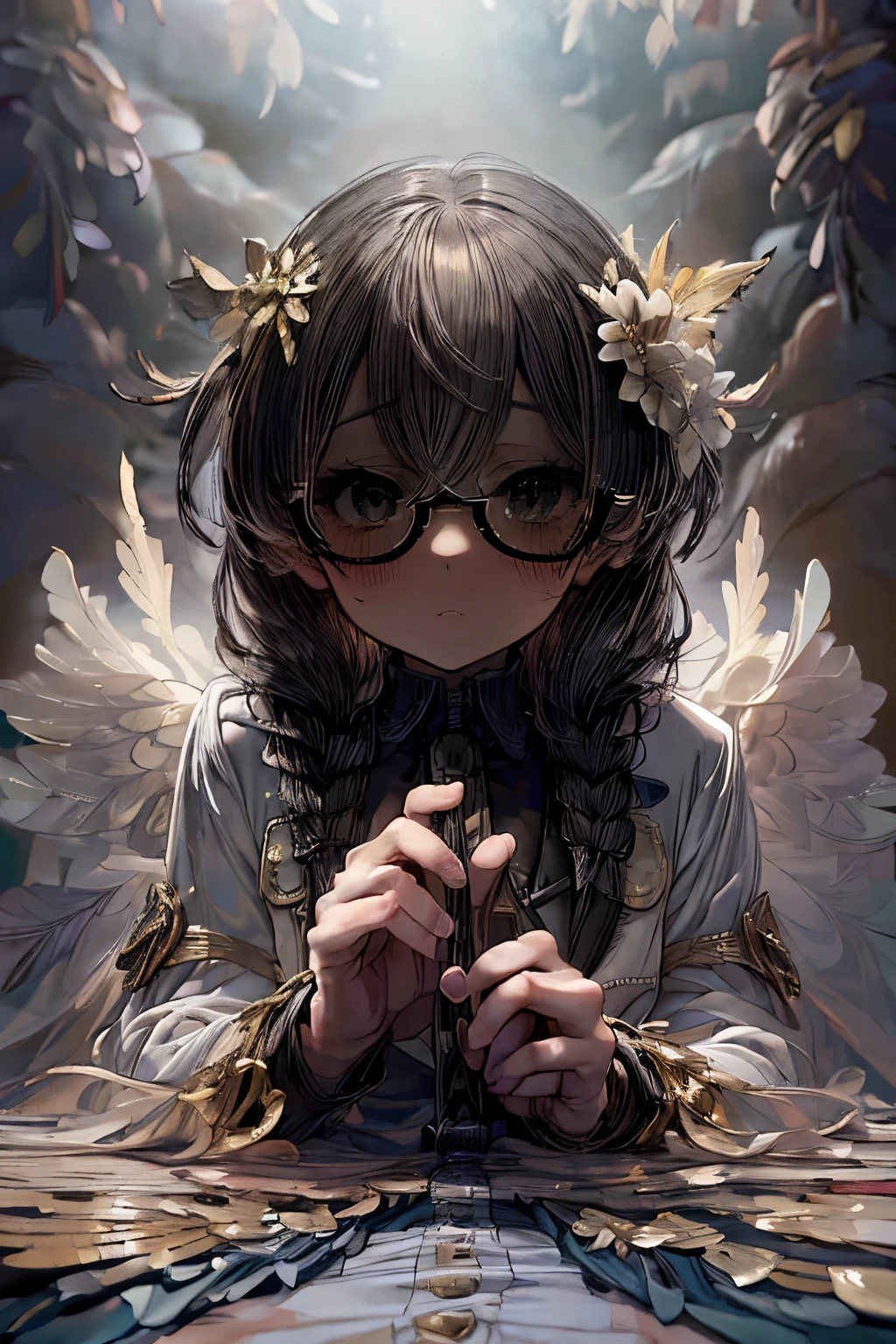 masterpiece, superfine illustration, best quality, 1girl, (1boy:1.5), (cfnm:1.3), (femdom:1.3), pov, (penis), (handjob:1.5), chifuyuperson, (hair over eyes:1.3), glasses, (wings), angelic halo, cruel, serious, expressionless, emotionless, (very tired), (trembling), (wrestling ring:1.2)