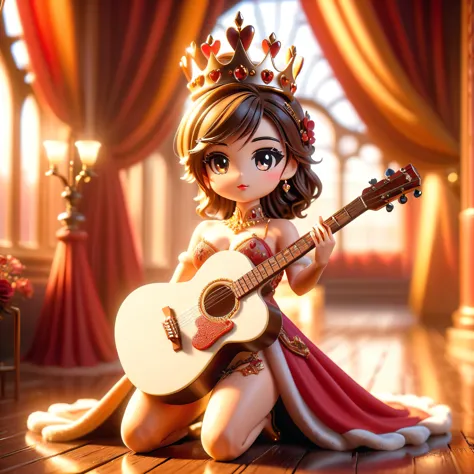 in a beautiful sunset, a queen is nude playing a guitar standing in the middle of a deep path. the scene is filled with a sense ...