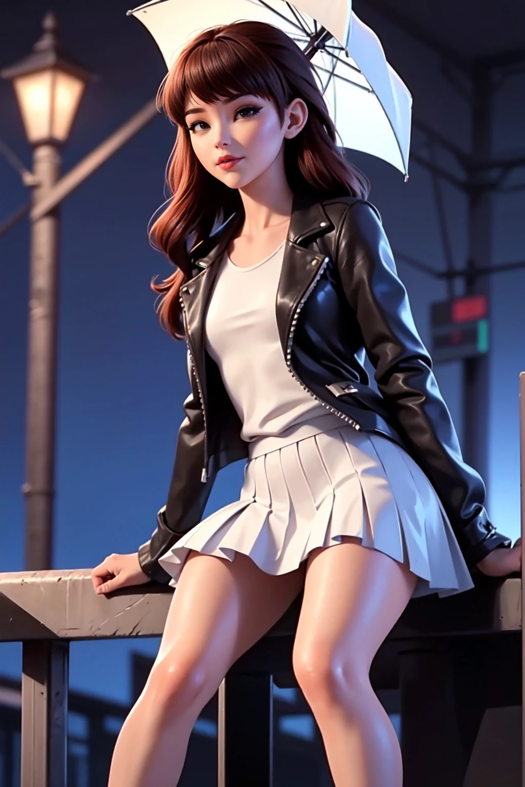 Beautiful girl - , a high resolution, 1 Girl, street, Crowd, night, street light, Wet, rain,  white shirt,  Pleated leather skirt , small black leather jacket, foreground, I look at the viewer, Leaning on the fence,, white, stocking, wants sex.
