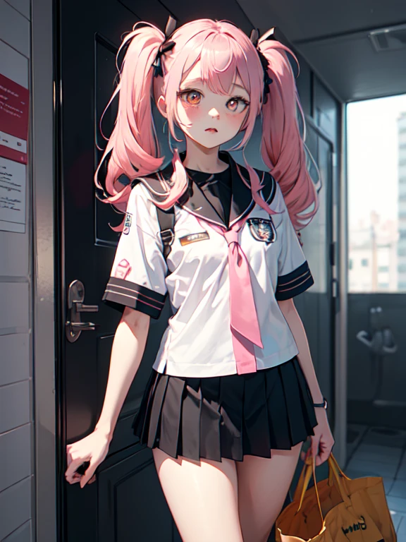 tadano con uniforme de sirvienta, pink hair, twin tails, constricted pupils, short skirt, medias blanca, adorno mucama cabeza