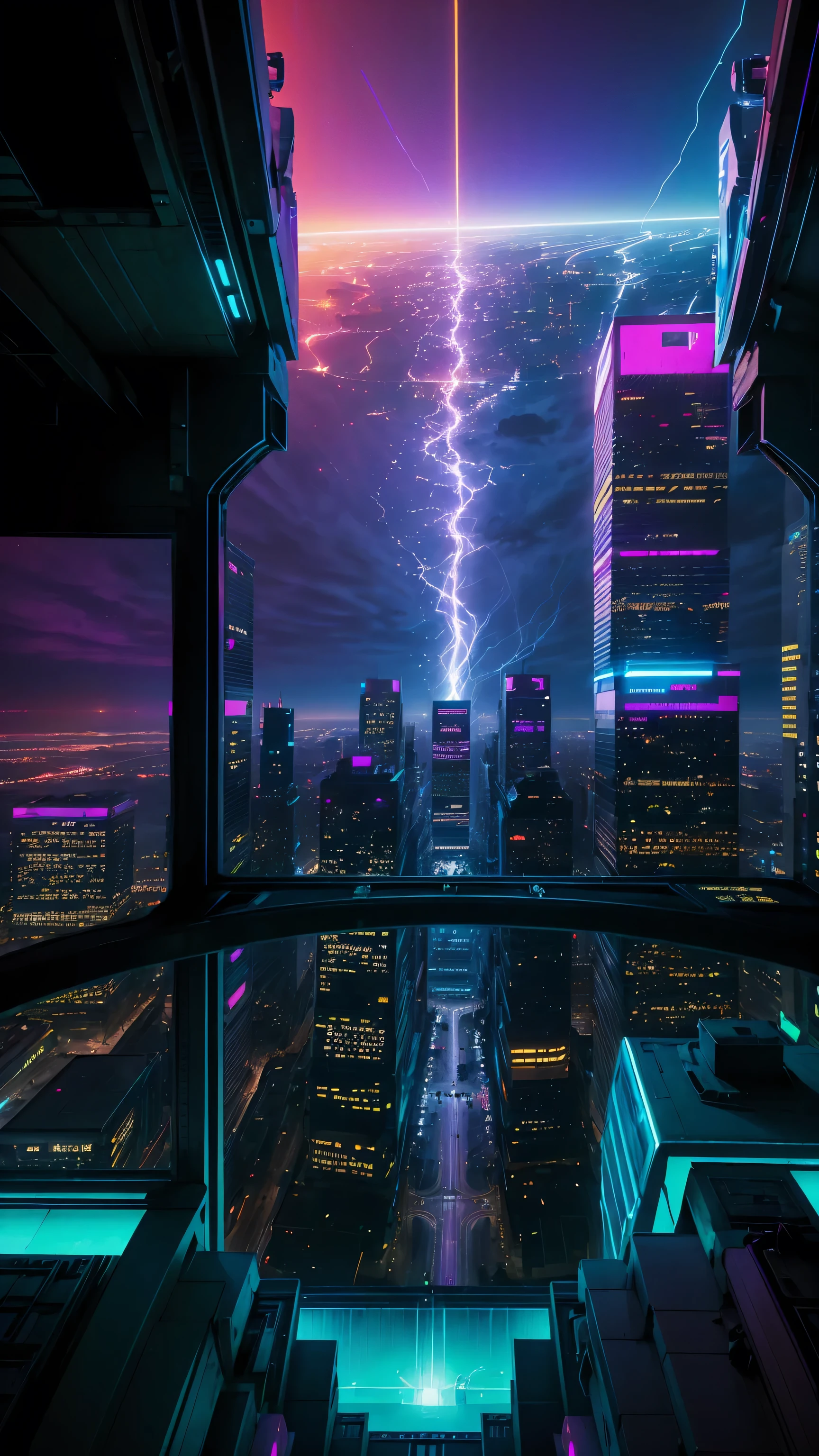 conceito:(((This is an aerial photographic masterpiece of a near-future city, portraying a cyberpunk worldview.)))。 qualidade:(highest quality, 4k, 8K, high resolution, Obra de arte:1.2), Super detalhado, (realista, Photorealista, Photorealista:1.37), lighting: cinematic light, Cores brilhantes e efeitos hipnotizantes em tons de azul e rosa, contrast between darkness and bright light, sombras e destaques, Elementos SF, Subject information:  Cyber City, de cima, arquitetura futurista, glowing neon lights, Amazing skyline, Advanced technology, (((A beautiful image of a cybercity drawn from the perspective of de cima:1.3))) Outros detalhes: atmosfera animada, Holographic advertising, cyberpunk aesthetic, tons azulados, some stars shining in the sky, Space background, tecnologias emergentes, densidade urbana, energy and excitement, Metropolis of the future, attractive composition, neon glow, Cores ricas, soft brushstroke technique, textura detalhada, escala impressionante, (((projeto ciberpunk))), Projeto elaborado, escala impressionante, Atmospheric lighting, detalhes cativantes, visuais cativantes, Artistic, 500㎜, f/4, photoshoot,