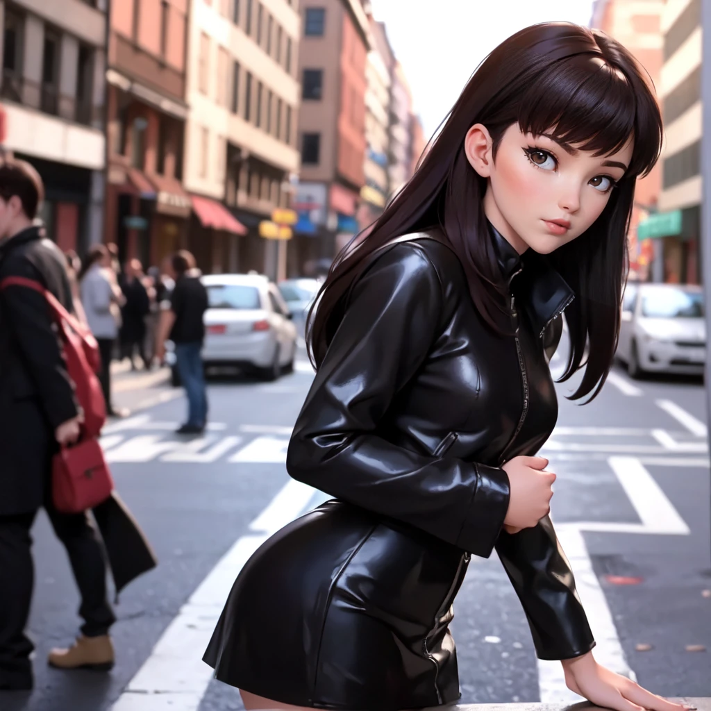 masterpiece, Good detail,Good quality, Teenage girl - 16 years old,beautiful girl , in a black leather jacket, in a short leather miniskirt, in leather stockings, watching, looks at the viewer at the viewer, stands on the street corner.