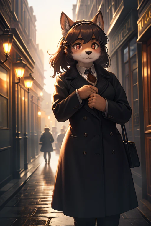 (Extreme Perspective:0.75) , Depth and foreground  , rule of thirds , old Cine Lenses , Bokeh , realistic hairy fur , round face , round eyes , Swollen cheeks , hair ties , 1900s Foggy London city , Sherlock Holmes style movie , Detective woman , (Hiding behind things)