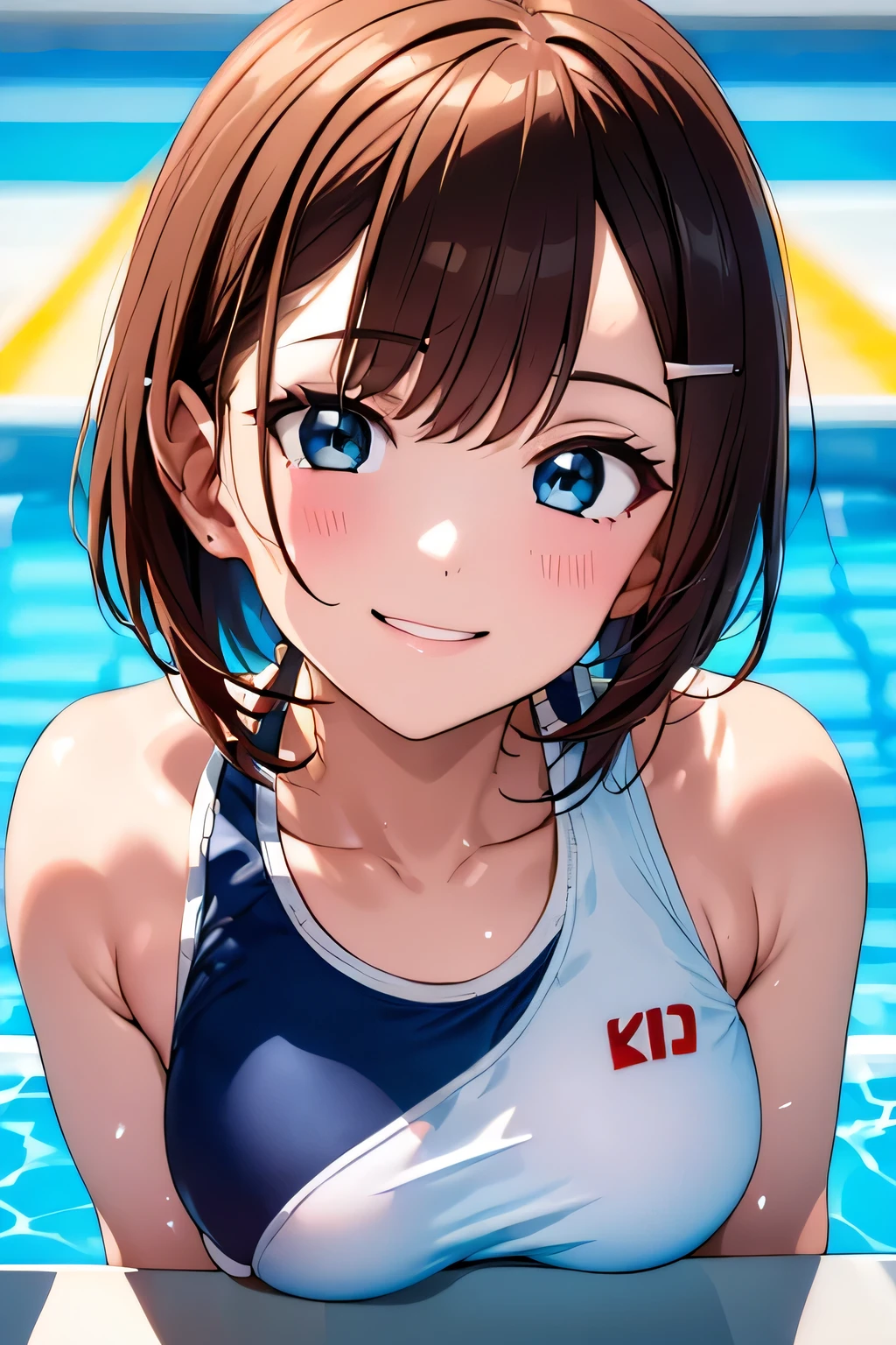 (((Competition diving board:1.3))),(((Sports towel))), (((Competition Pool 1.3))),((Competition Swimwear:1.7)),(((White one piece swimsuit))),Expressing happiness with a smile,Cute Face,Extreme close up of face,Shiny light brown and orange striped short hair,Perfect round face,iris,(hairpin、Floating Hair、),Big Breasts.Professional Lighting,Cinematic Light,(Tabletop,highest quality,Ultra-high resolution output images,) ,(8K quality),(Picture Mode Ultra HD),