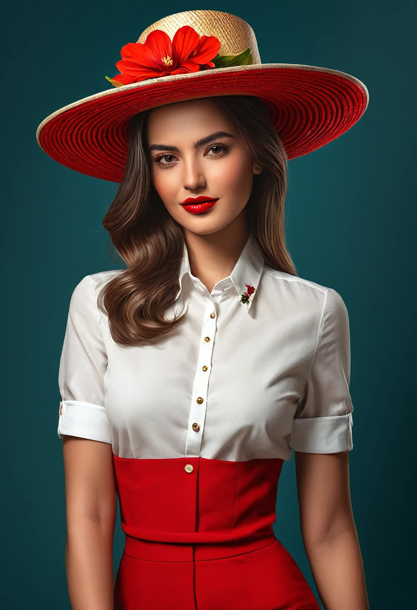 crea una mujer con sombrero elegante rojo ,con camisa de flores, obra maestra, estilo ilustracion de Ali Erturk, alto detalle, hiperrealista, luz natural,ilustracion , colores llamativos
