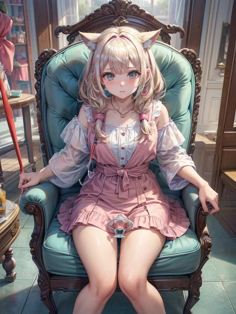 ((((Best Quality, 8K, 32K, masterpiece, 1.2)))),{{solo}},nsfw,{{{Artist: Torino Aqua's style}}},((perfect beautiful face:1.2)), sitting on chair, spreading legs, speculum, ((plastic speculum insertion in to pussy:1.3)), vaginal hole, high quality of vagina, vivid pussy, ((a lot of public hairs:1.4)), embarrassed, blush, looking at viewer, focus on crotches,