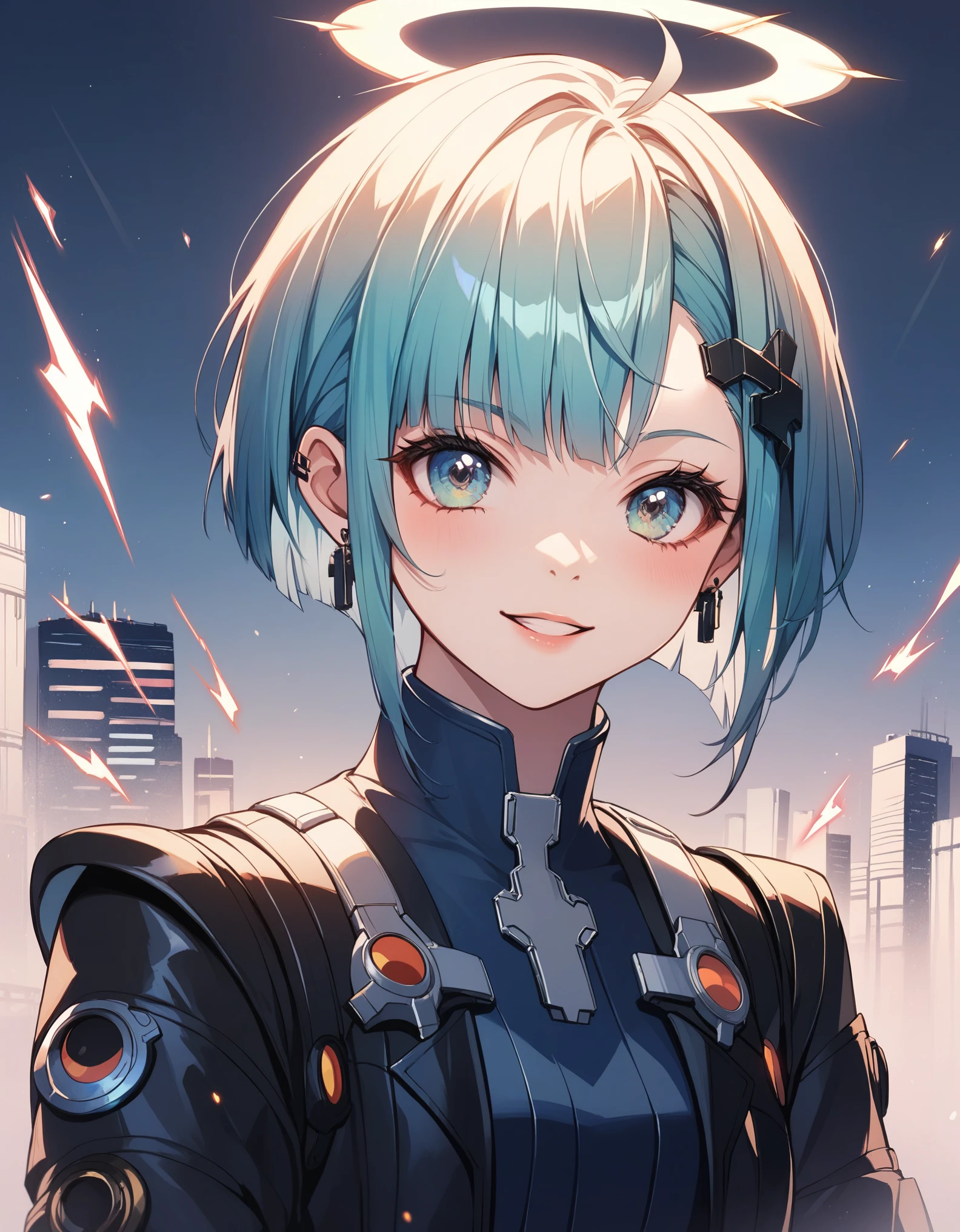 score_9, score_8_up, score_7_up, score_6_up, rating_safe, masterpiece, best quality, ultra detailed, anime style, Within a high-tech city, a cute girl commands electricity, sparks cascading along her fingertips. Her cyberpunk-inspired outfit, with circuit-like patterns, resonates with the neon-lit surroundings as she harnesses the energy of the urban landscape