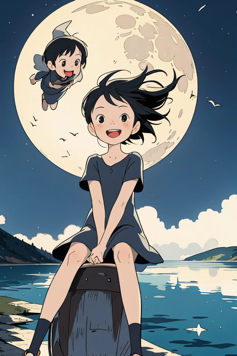 highest quality, Ultra-detailed，witch，boom，（fly in the sky），One Girl（10 years old）,Beautiful girl，Laughter， Arms crossed, Platinum Black Hair, Night Scenery，region: Amalfi，Flat Chest，Perfect limbs，The moon shines
