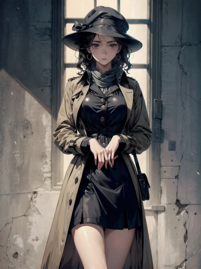 French hat, trench coat, scarf, absurdres, RAW photo, extremely delicate and beautiful, masterpiece, Best Quality, ultra high resolution, 32k, hyperrealistic, ultra-detailed, perfect figure, tearful mole, earring, whole body shot, short medium hair, wavy hair,