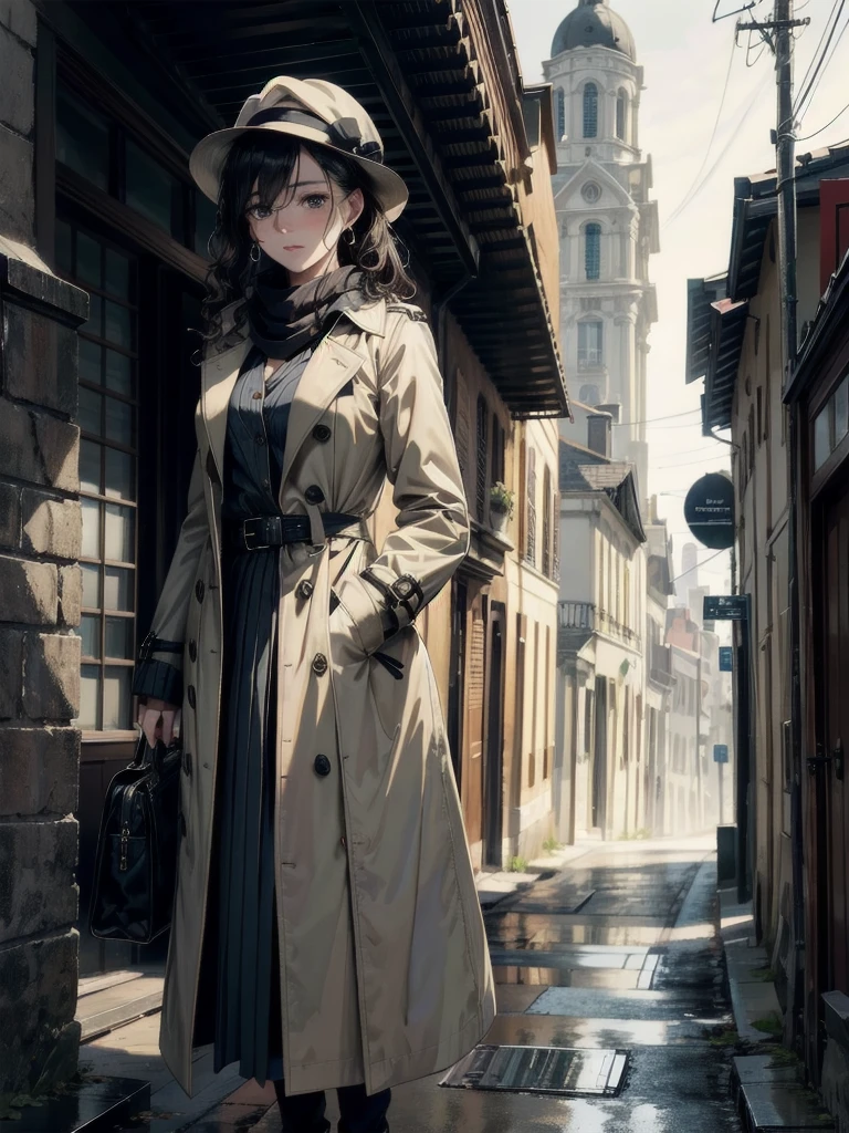 French hat, trench coat, scarf, absurdres, RAW photo, extremely delicate and beautiful, masterpiece, Best Quality, ultra high resolution, 32k, hyperrealistic, ultra-detailed, perfect figure, tearful mole, earring, whole body shot, short medium hair, wavy hair,