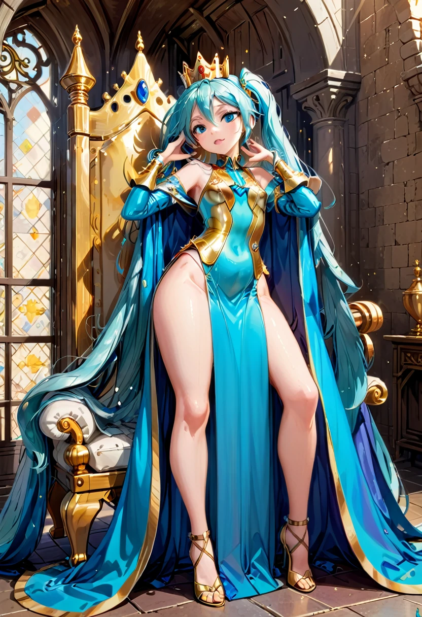 anime 3d, cinematográfico, dramático, cuerpo completo, vista dinámica, Ángulo medio, Calidad HD12K, Hatsune Miku, traje de princesa, corona majestuosa, oro, luxurious oroen throne, en un castillo, tendencia medieval, Llevar una capa azul, pose de diva, una mano sobre los ojos,