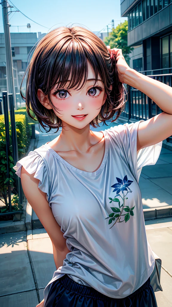 (Woman close up)、((Depiction of the upper body))、((30-year-old female))、A cheerful smile、Very short hair、(Open your mouth a little、High resolution、16k))、Sporty summer clothes、Early morning park、