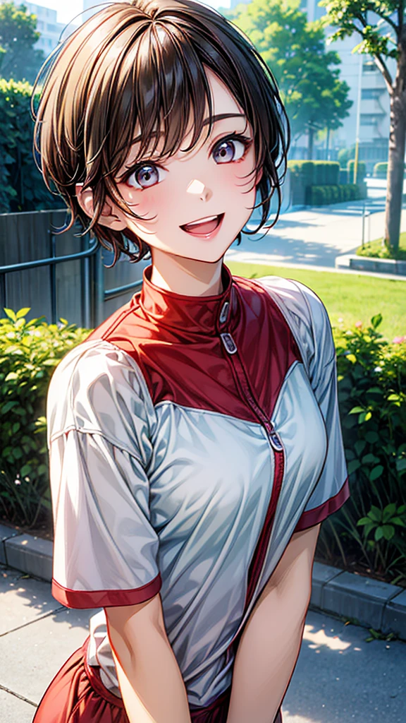 (Woman close up)、((Depiction of the upper body))、((30-year-old female))、A cheerful smile、Very short hair、(Open your mouth a little、High resolution、16k))、Sporty summer clothes、Early morning park、