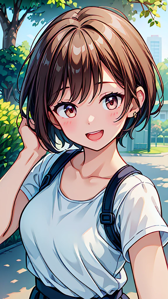 (Woman close up)、((Depiction of the upper body))、((30-year-old female))、A cheerful smile、Very short hair、(Open your mouth a little、High resolution、16k))、Sporty summer clothes、Early morning park、