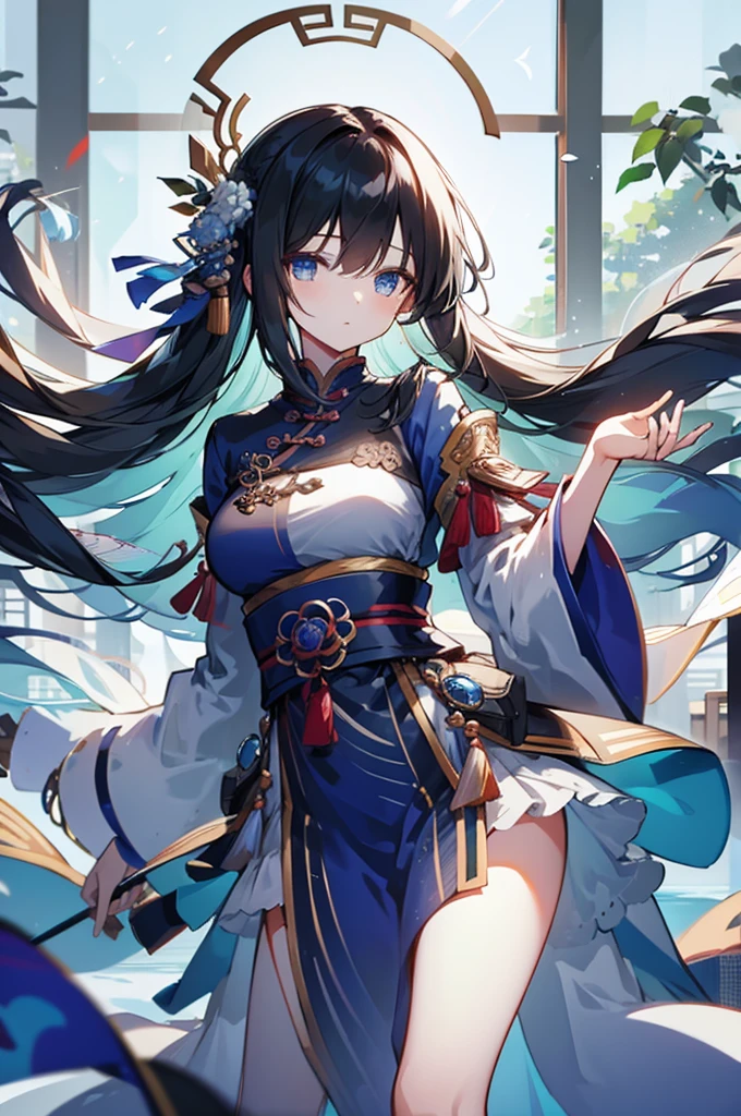 High Quality, Lossless, Clean, Raw, High Quality, Lossless, Clean, Raw, HD, girl, alone, clear lights, bangs in her hair, blue eyes, beautiful girl, perfect body, Color Booster,Realism, 1girl, solo, long hair, looking at viewer, skirt, black hair, hair ornament, long sleeves, standing, flower, indoors, wide sleeves, window, chinese clothes, table, plant