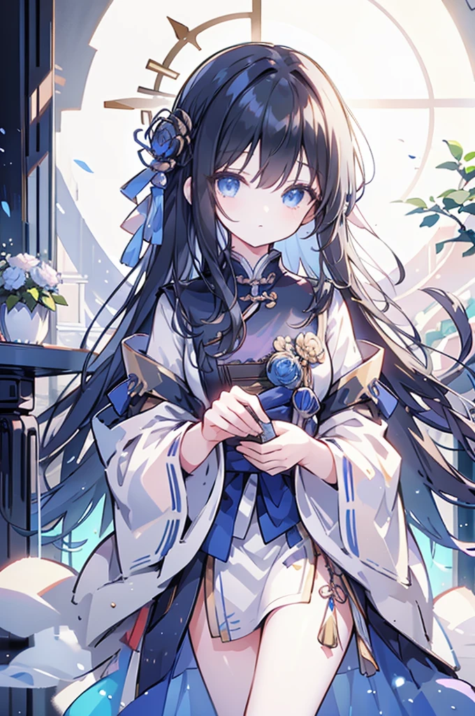 High Quality, Lossless, Clean, Raw, High Quality, Lossless, Clean, Raw, HD, girl, alone, clear lights, bangs in her hair, blue eyes, beautiful girl, perfect body, Color Booster,Realism, 1girl, solo, long hair, looking at viewer, skirt, black hair, hair ornament, long sleeves, standing, flower, indoors, wide sleeves, window, chinese clothes, table, plant