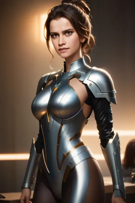 a close up full figure of a woman in a suit of armor, medium close - up ( mcu ), 8k artgerm bokeh, wojtek fus, ig model | artger...