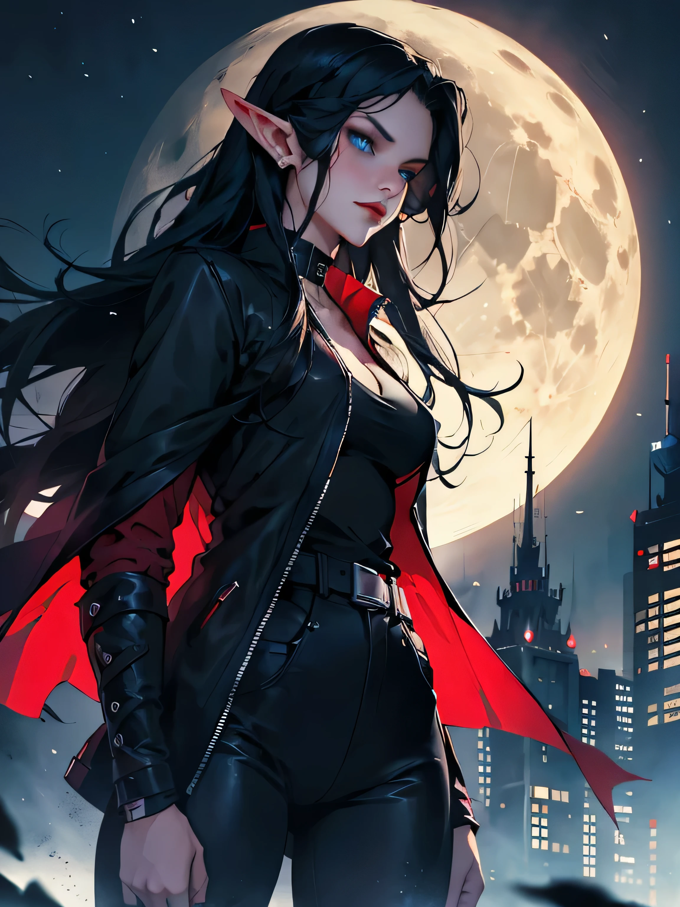 Elfa femenina, pelo largo y negro, blue eyes, gargantilla gótica negra, chaqueta roja, la camisa negra, labios rojos, maquillaje negro. Un ojo detallado, orejas puntiagudas. ciudad de fondo de noche. Luna llena.