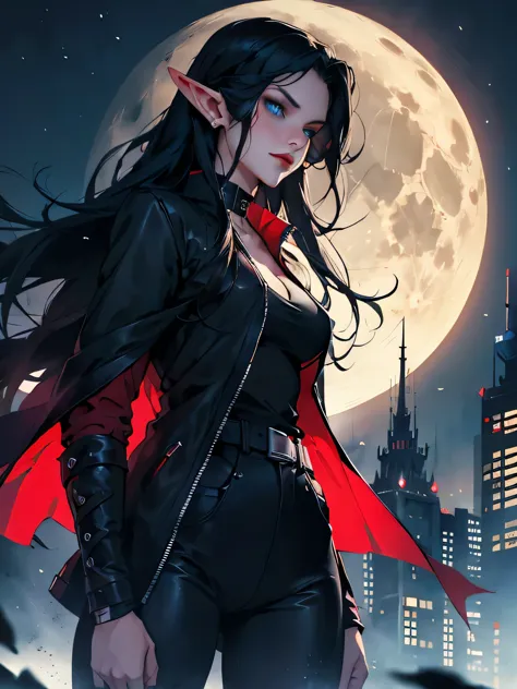 female elf, long black hair, blue eyes, black gothic choker, red jacket, black shirt, red lips, black makeup. A detailed eye, po...