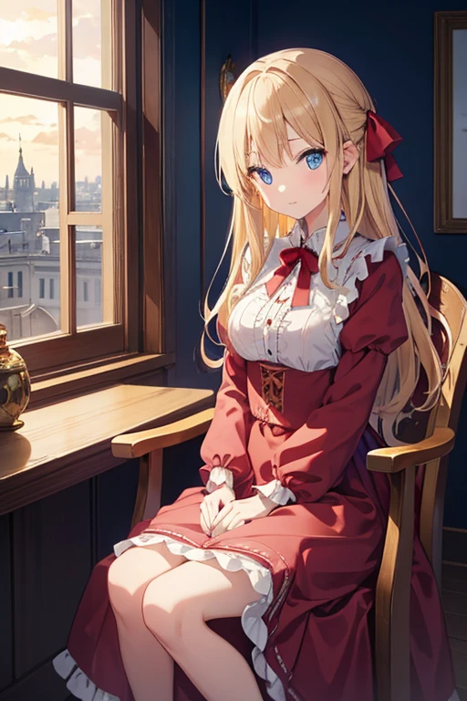 masterpiece, highest quality, High resolution, 4 woman、blue eyes、
blonde,  Long Hair、Crimson frill dress、Long skirt、Western-style building、Sit by the window