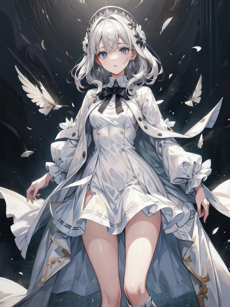 fluttery white dress, coat, black boots, absurdres, RAW photo, extremely delicate and beautiful, masterpiece, Best Quality, ultra high resolution, 32k, hyperrealistic, ultra-detailed, perfect figure, tearful mole, earring, whole body shot, short medium hair, wavy hair,