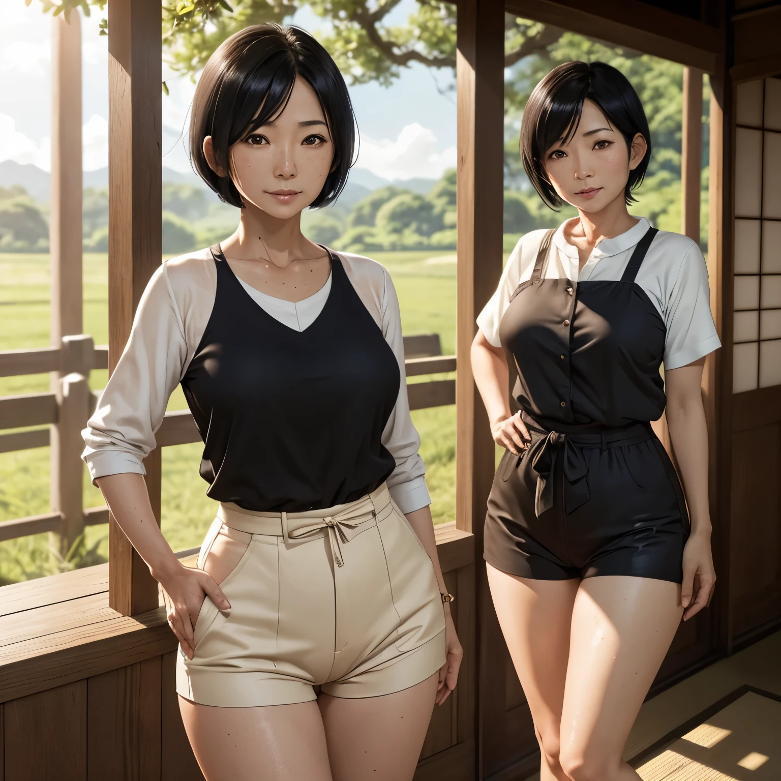 Two asian women in short shorts and a black top standing next to each other  - SeaArt AI