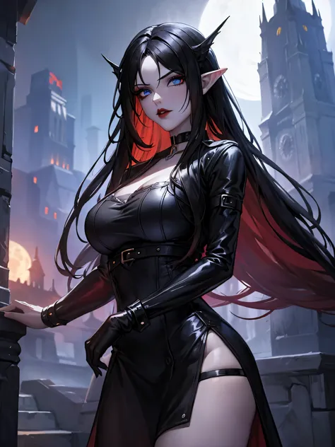 female elf, long black hair, blue eyes, black gothic choker, red jacket, black shirt, red lips, black makeup. A detailed eye. Ci...