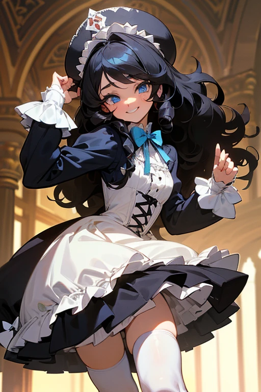 (masterpiece, best quality), warm lighting, blurry foreground, ((White ruff)), 1 girl, cowboy shot, ((victorian outfit)), (lolita attire), (((fluffy hair))), makeup, finely detailed, (best quality), (intricate details), ((Long jet black hair)), ((Hair is fluffy)), best quality, ((Puffy long sleeve dress)), (white ruff), ((Thigh high socks)), ((socks are white)), ((round eyes)), beautiful face, cute face, pinup, perfect face, (((blue eyes))), ((curly long hair)), ((Bratty smile, happy)), Dress is long