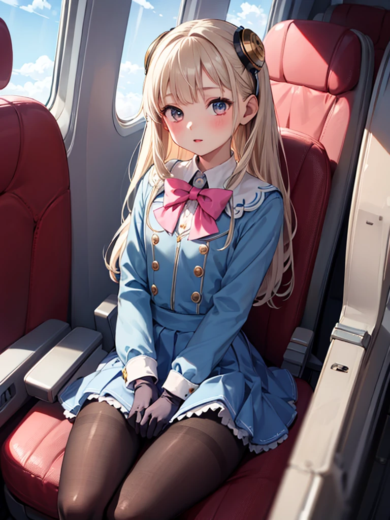 masterpiece, highest quality, 1 girl, solo, 6 years old, (flat chest), Ingrid, Hair Pod, gloves, skirt, pantyhose, bow, dress, black pantyhose, black panties under pantyhose, pink panty, Airplane interior, View from between the legs,